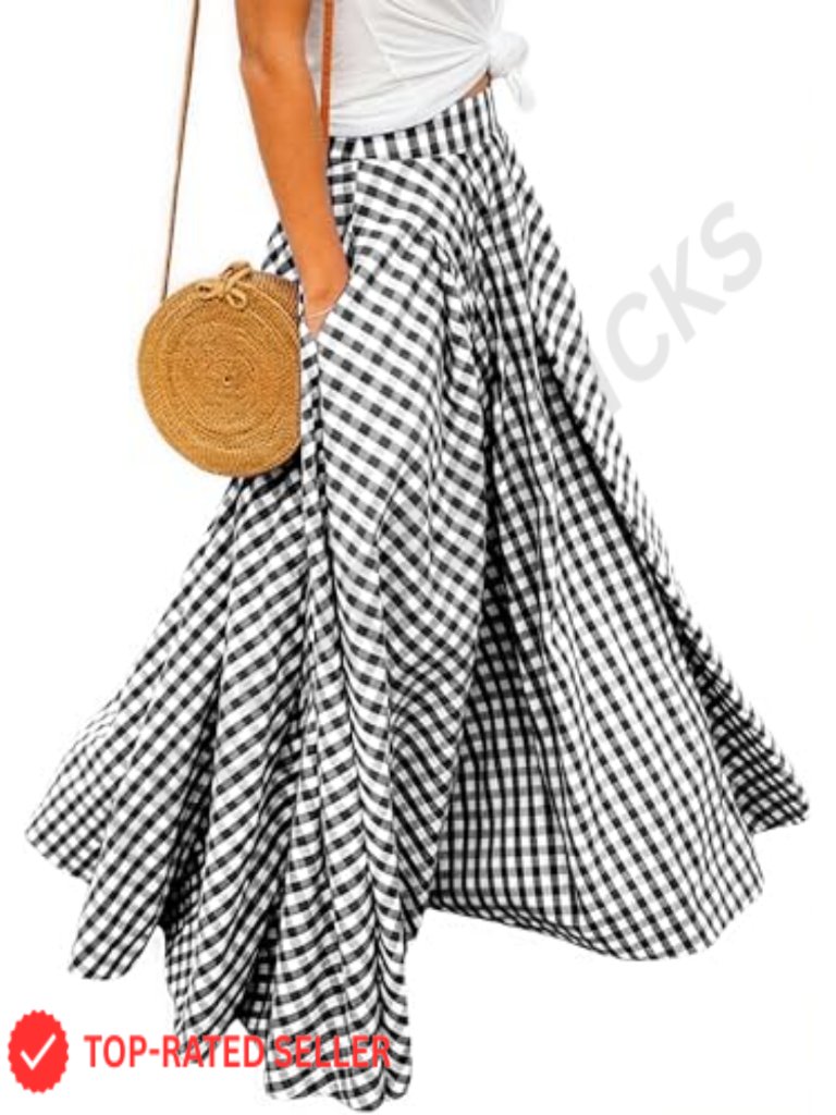 High Waisted Flowy A-Line Maxi Skirt With Pockets Gingham Pleated
